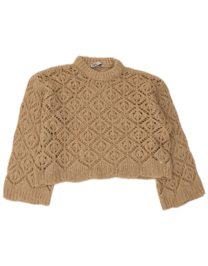 Zara Damen-Pullover, übergroß, bauchfrei, Rundhalsausschnitt, Gr. 10, Größe S, Beige