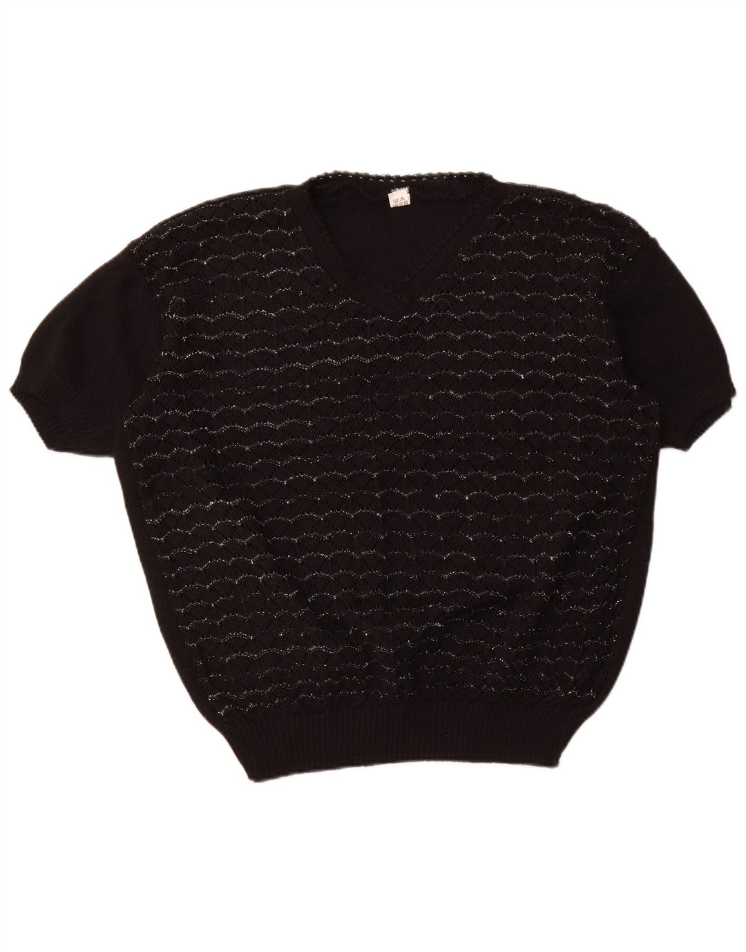 VINTAGE Damen Kurzärmeliger Pullover mit V-Ausschnitt UK 18 XL Schwarz gestreift