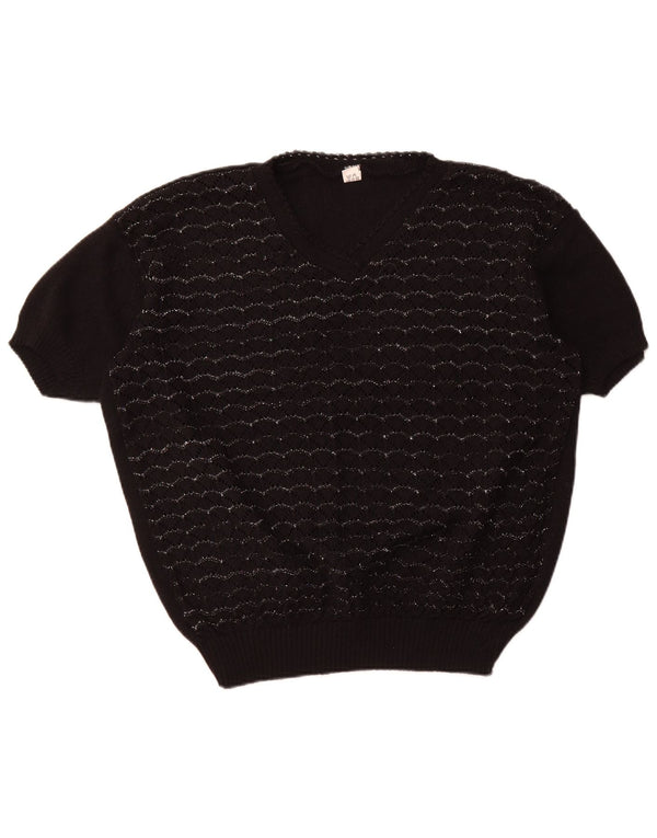 VINTAGE Damen Kurzärmeliger Pullover mit V-Ausschnitt UK 18 XL Schwarz gestreift