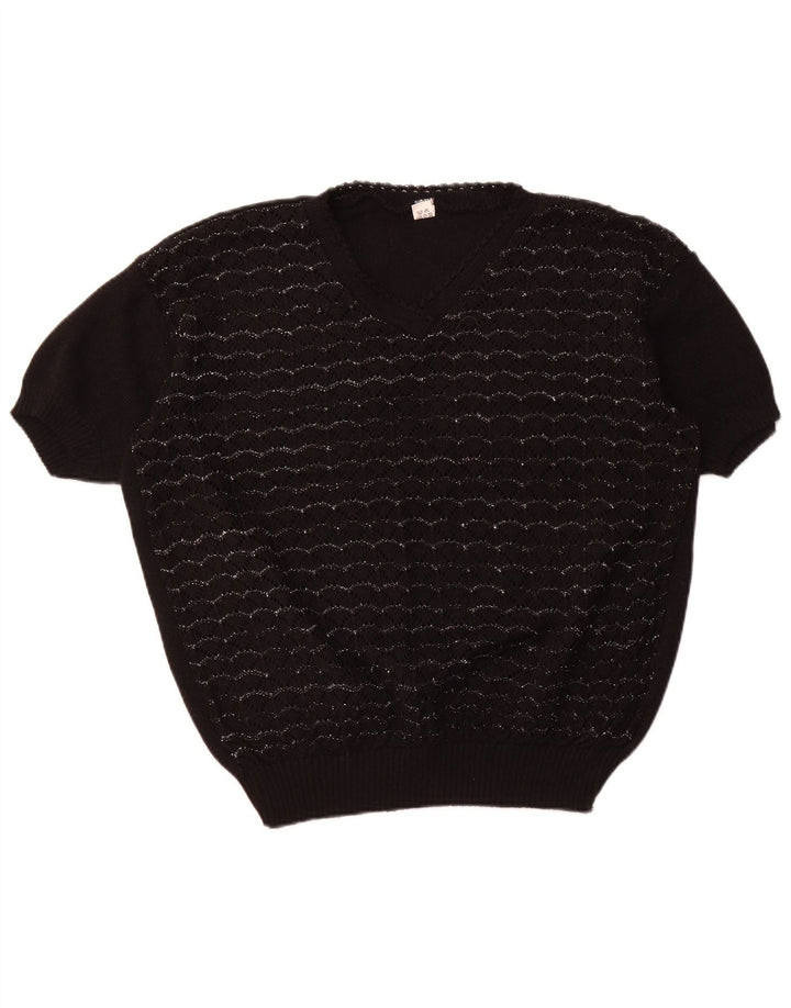 VINTAGE Damen Kurzärmeliger Pullover mit V-Ausschnitt UK 18 XL Schwarz gestreift