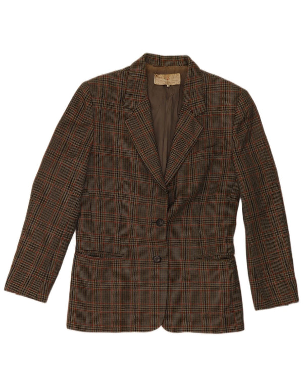 Vintage Damen 2-Knopf-Blazerjacke IT 42 Mittelgrüne Hahnentrittwolle