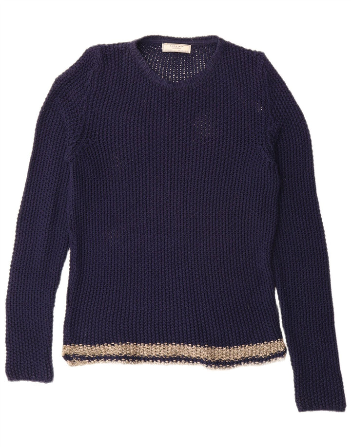 Zara Herren-Pullover mit Rundhalsausschnitt, groß, Marineblau, Farbblock