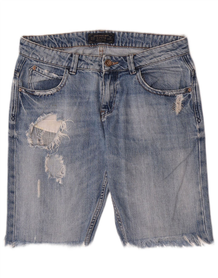 Zara Damen Distressed Denim Shorts EU 38 Small W28 Blau