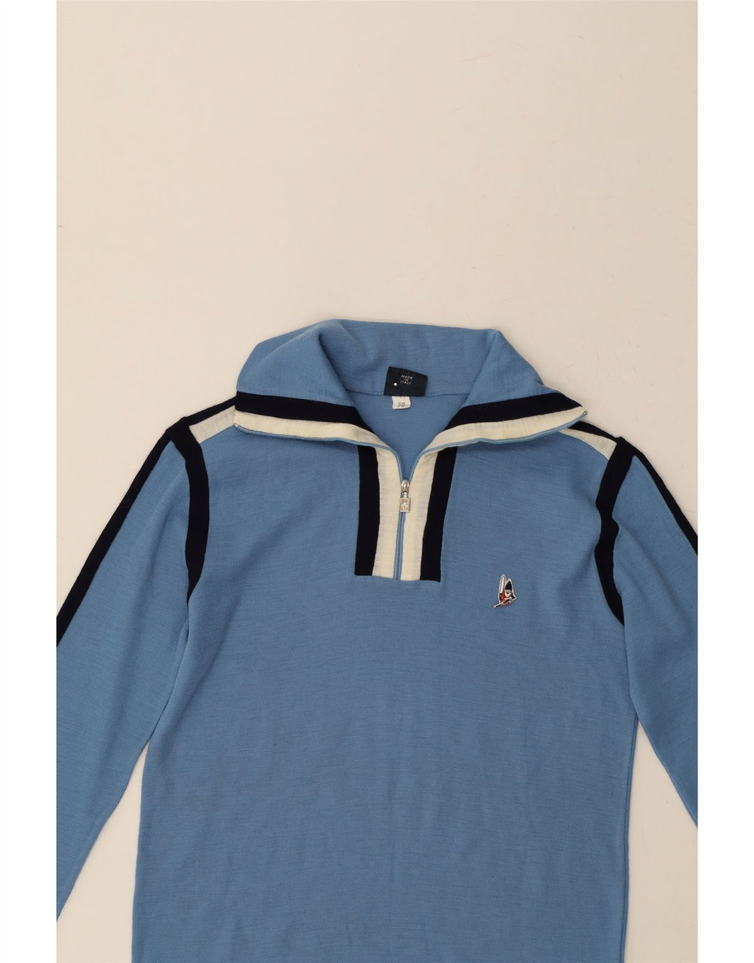 GISPA Mens Zip Neck Jumper Sweater IT 50 Medium Blue Colourblock Wool Vintage Gispa and Second-Hand Gispa from Messina Hembry 