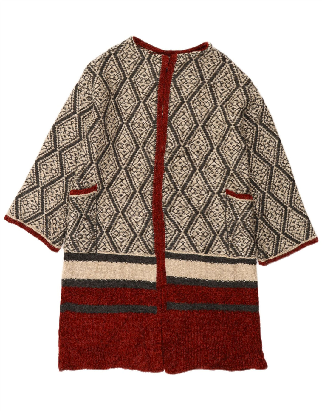 Zara Damen Longline Open Cardigan Pullover UK 14 Medium Beige Geometrisch