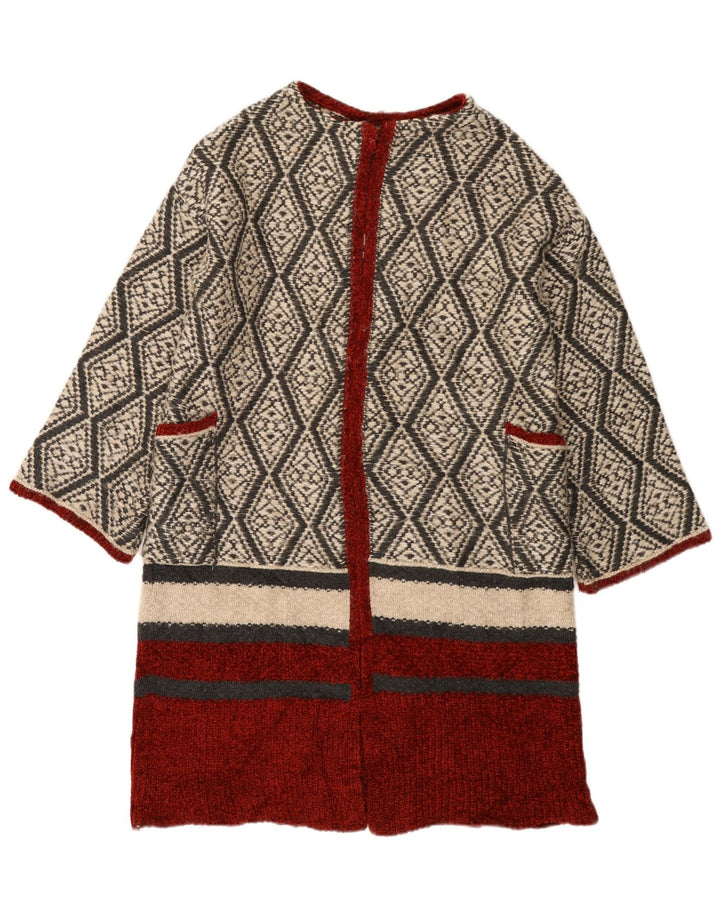 Zara Damen Longline Open Cardigan Pullover UK 14 Medium Beige Geometrisch