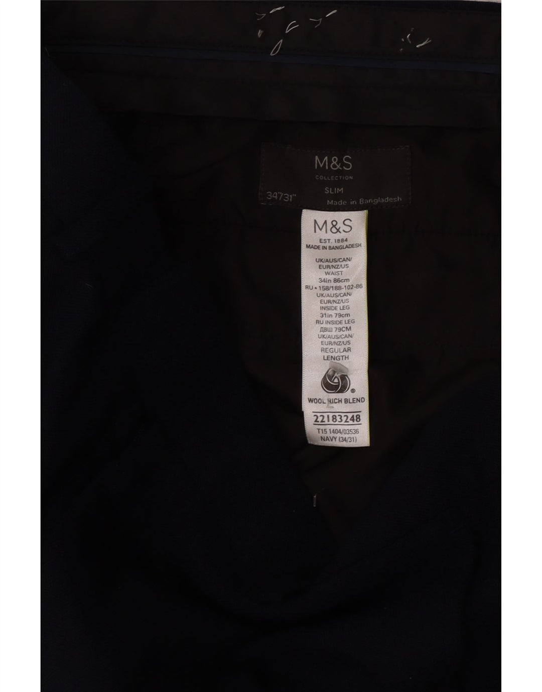 Marks & Spencer Slim-Anzughose für Herren, W34, L31, marineblaue Wolle