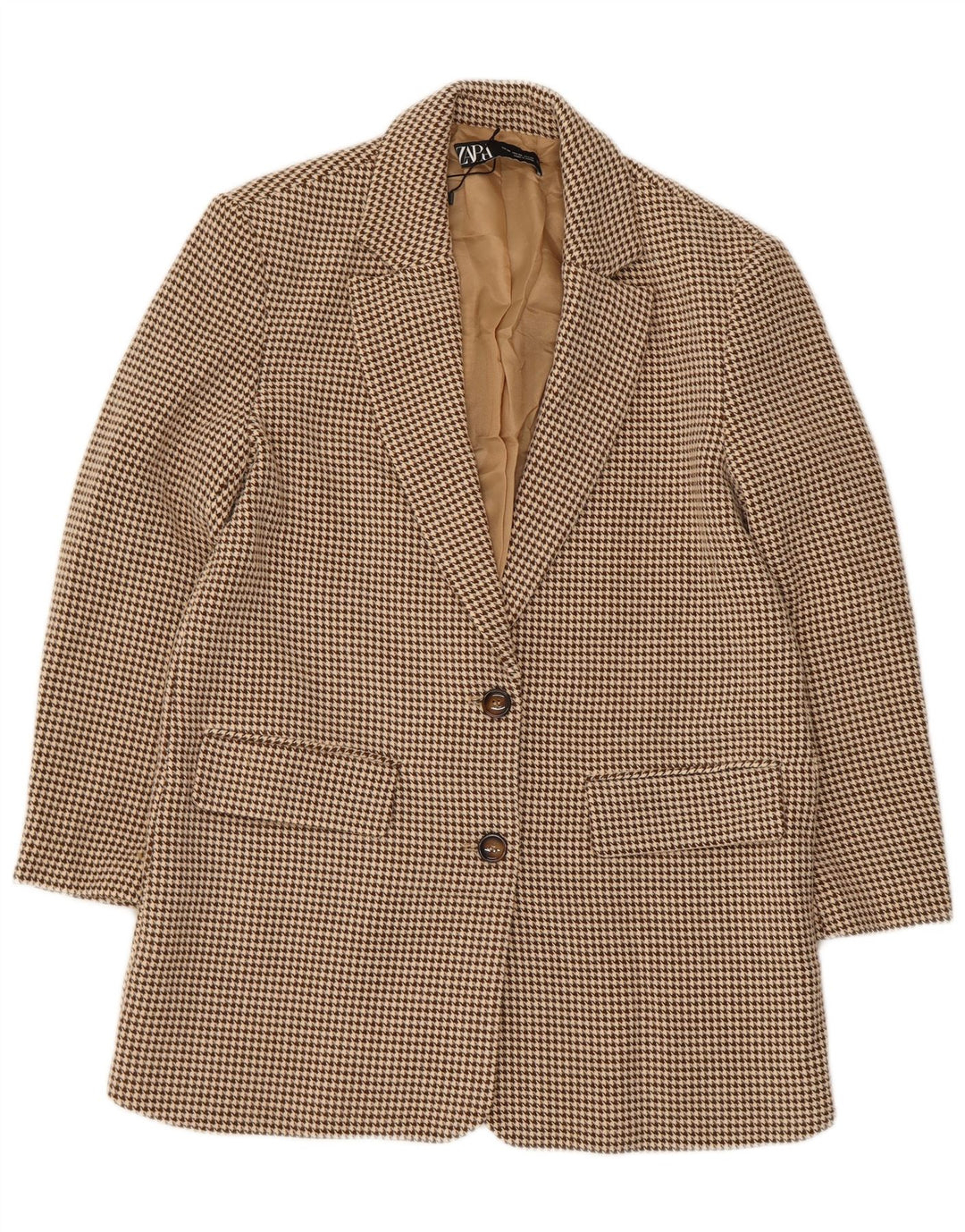 Zara Damen 2-Knopf-Blazer in Übergröße, Gr. 6, XS, beige Hahnentrittmuster