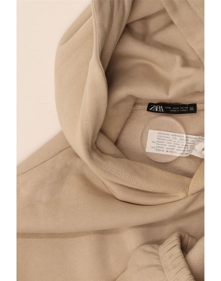 ZARA Damen Crop Hoodie Pullover UK 14 Mittelbeige Baumwolle