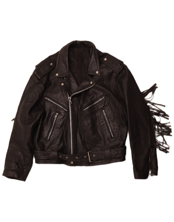 VINTAGE Damen Leder Bikerjacke UK 14 Mittelschwarzes Leder