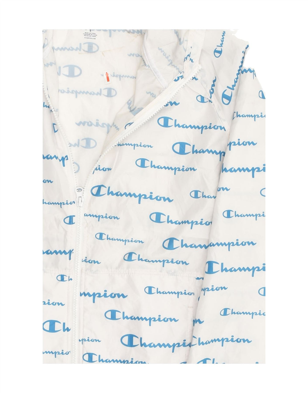 CHAMPION Womens Graphic Hooded Rain Jacket UK 14 Large White Polyester | Vintage Champion | Thrift | Second-Hand Champion | Used Clothing | Messina Hembry 