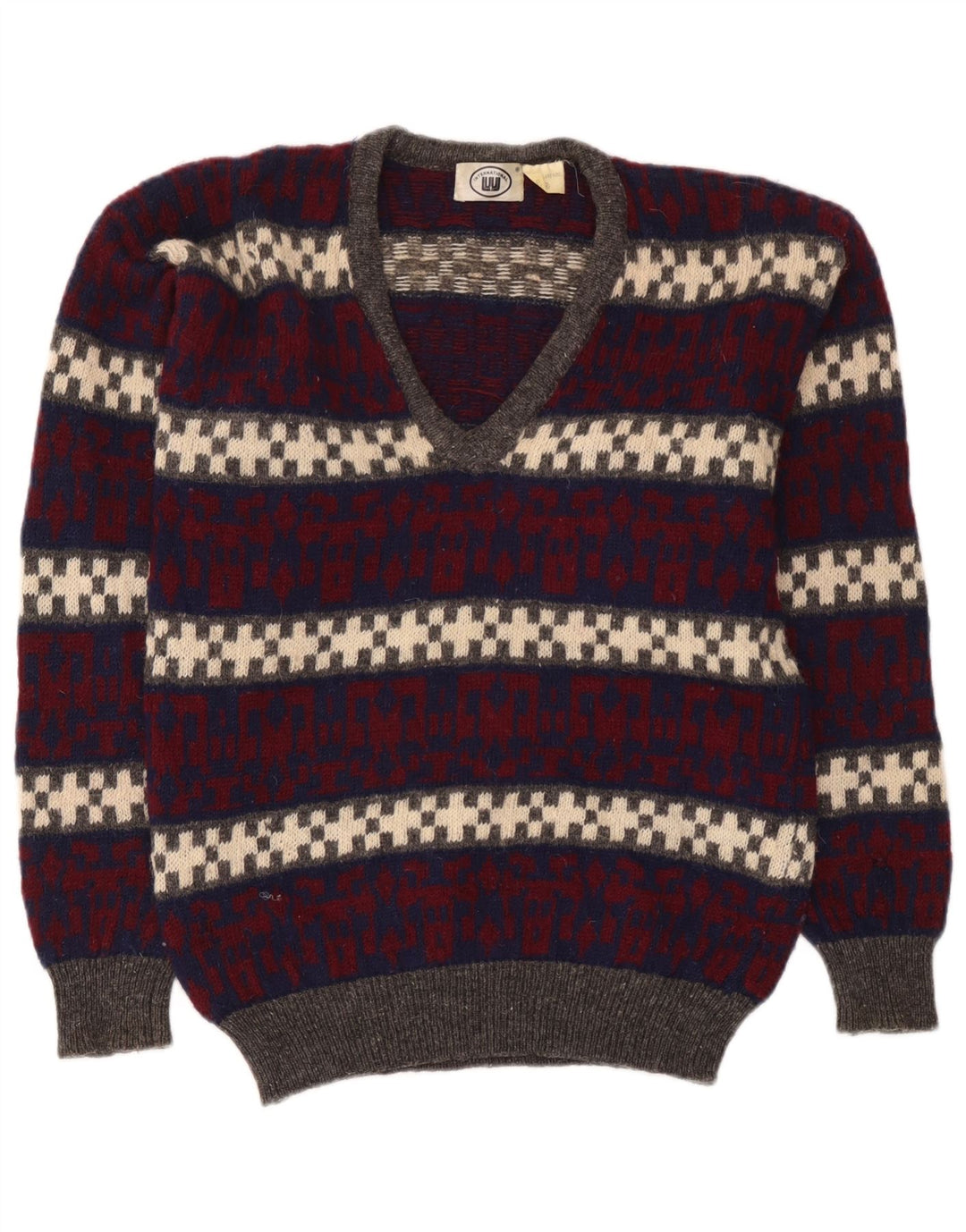 Vintage Herren V-Ausschnitt Pullover Pullover Medium Mehrfarbige geometrische Wolle