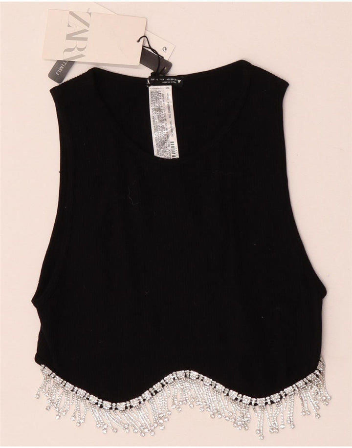 Zara Damen Crop Top UK 12 Mittelschwarzes Nylon