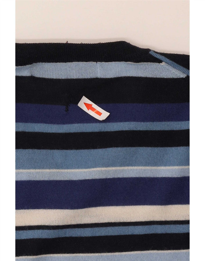 Rifle Herren-Pullover mit V-Ausschnitt aus mittelblauer, gestreifter Wolle
