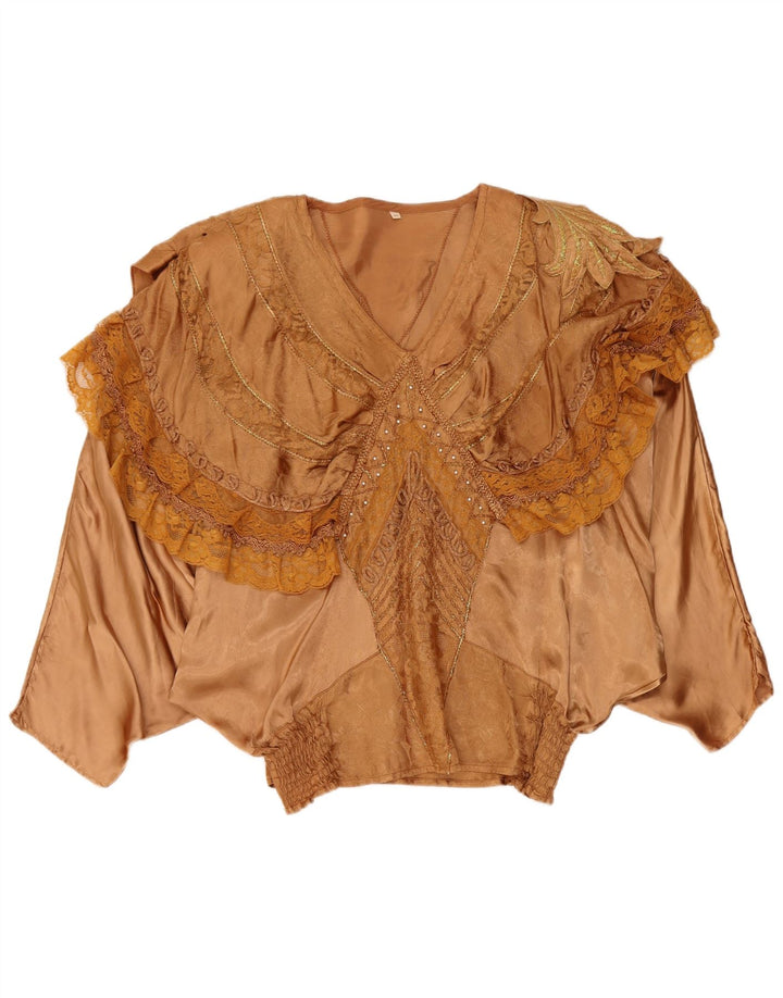 Vintage Damen Bluse mit Rüschen vorne und Fledermausflügel, EU 40/42, große braune Viskose