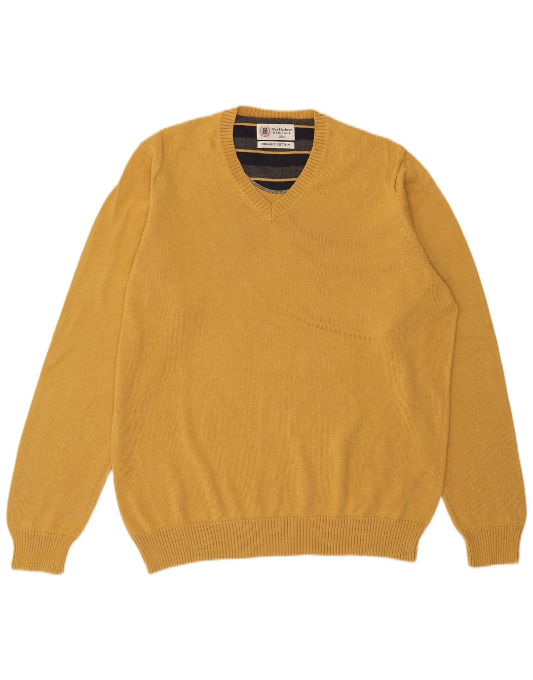 Marks & Spencer Herren-Pullover „Harbor“ aus blauer Baumwolle mit V-Ausschnitt, Größe L, Gelb