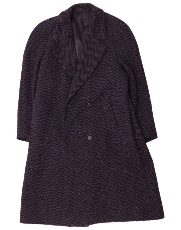 DONEGAL Mens Double Breasted Coat UK 38 Medium Navy Blue Herringbone Wool