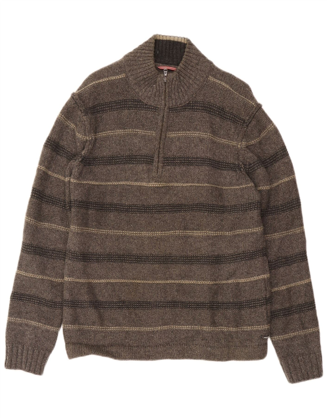 White Stuff Herren-Pullover mit Reißverschluss am Hals, große, grau gestreifte Lammwolle
