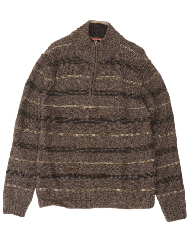 White Stuff Herren-Pullover mit Reißverschluss am Hals, große, grau gestreifte Lammwolle