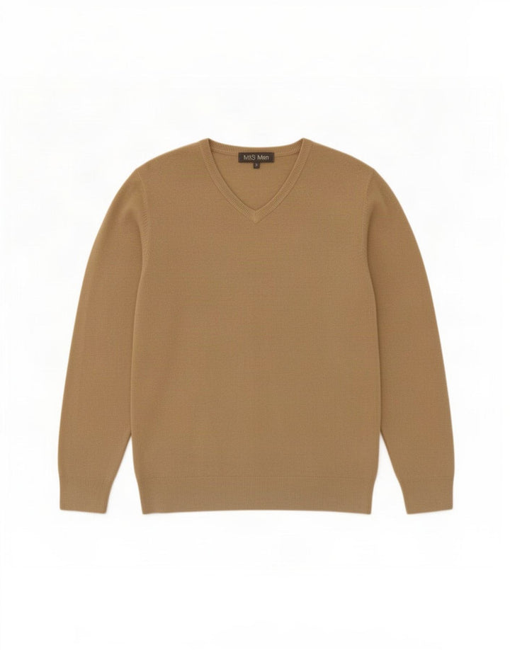 Marks & Spencer Herren-Pullover mit V-Ausschnitt, mittelbeigefarbenes Acryl