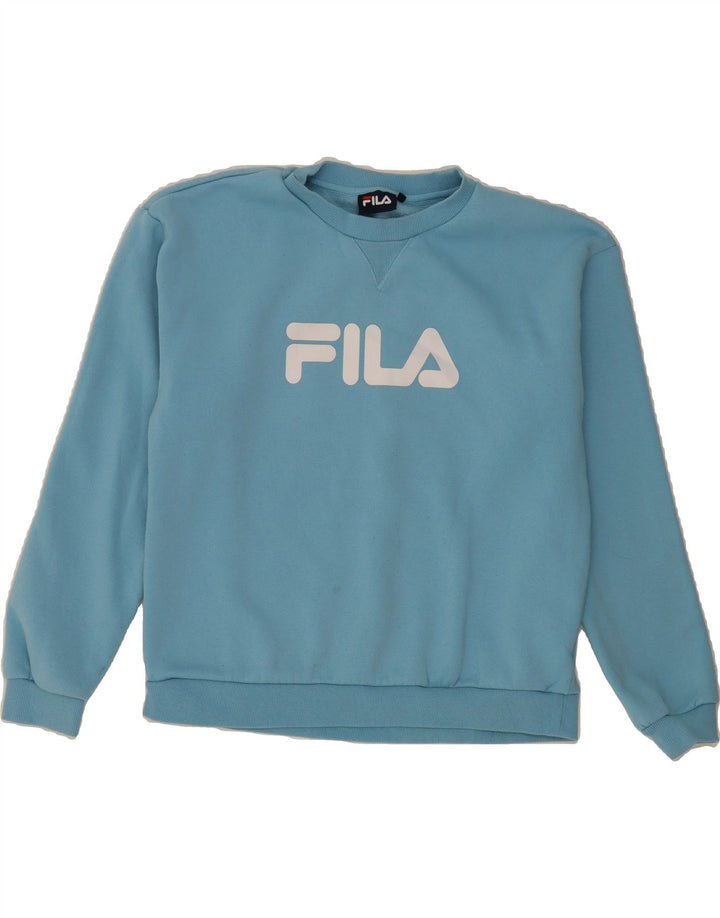FILA Womens Graphic Sweatshirt Jumper UK 14 Medium Blue Polyester Vintage Fila and Second-Hand Fila from Messina Hembry 