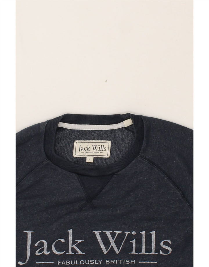 JACK WILLS Mens Graphic Sweatshirt Jumper Small Navy Blue Cotton Vintage Jack Wills and Second-Hand Jack Wills from Messina Hembry 