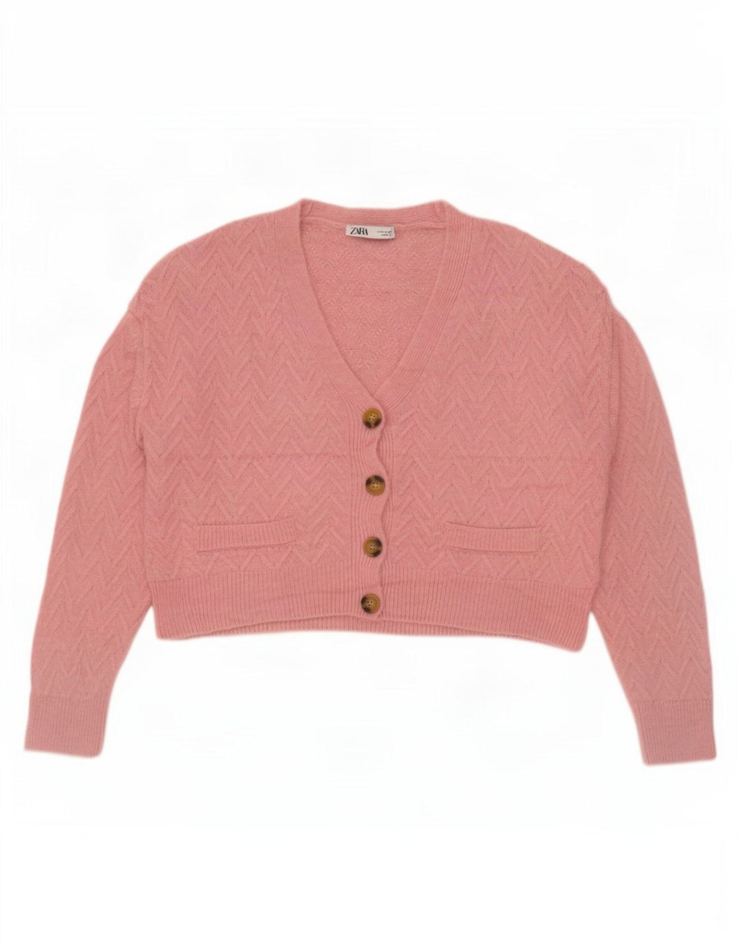 Zara Damen Crop-Oversize-Cardigan-Pullover UK 14 Mittelrosa Chevron