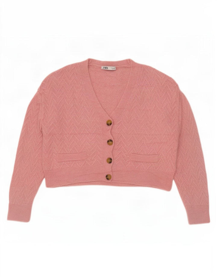 Zara Damen Crop-Oversize-Cardigan-Pullover UK 14 Mittelrosa Chevron