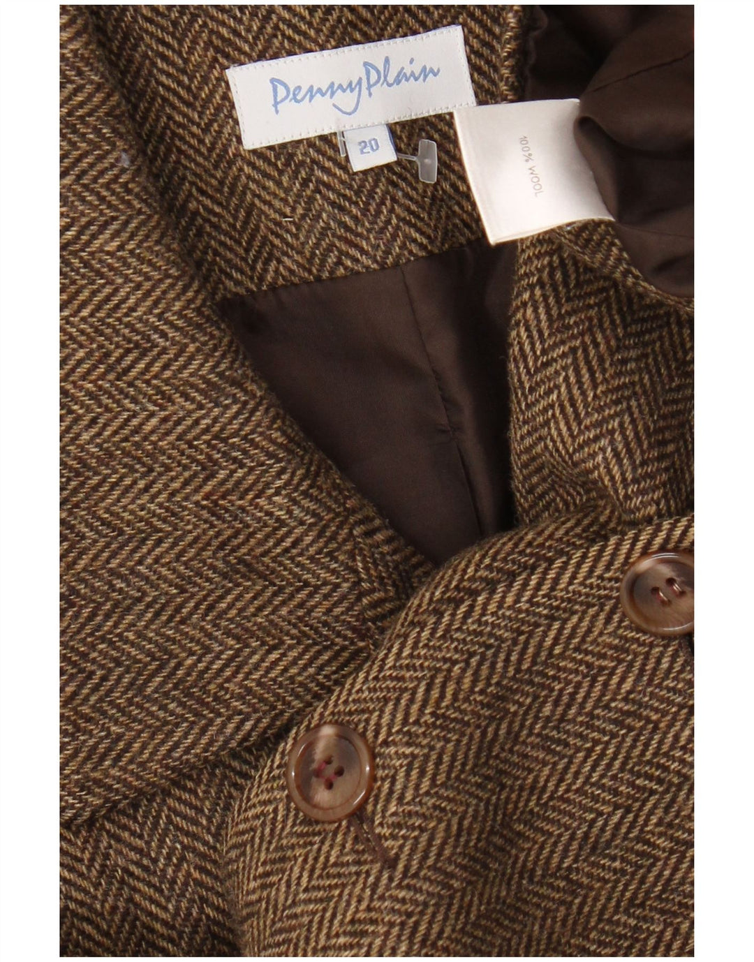 Penny Plain Damen-Blazerjacke mit 4 Knöpfen, UK 20 2XL, braune Wolle mit Fischgrätenmuster