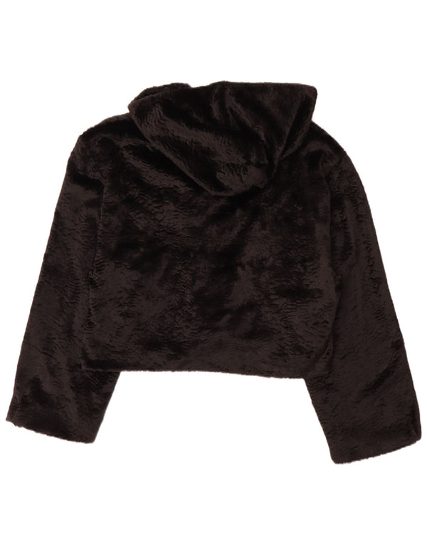 Vintage Damen Bolero-Jacke aus Kunstfell mit entspannter Passform und Kapuze, UK 14, Größe L, Schwarz