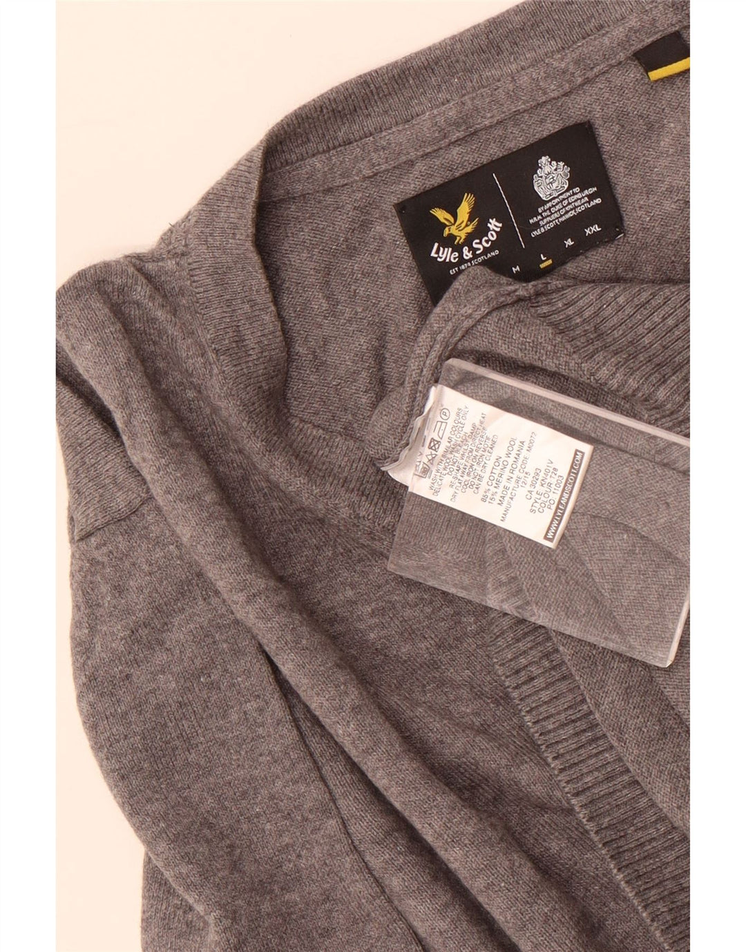 Lyle & Scott Herren-Pullover mit V-Ausschnitt, Größe L, aus grauer Baumwolle