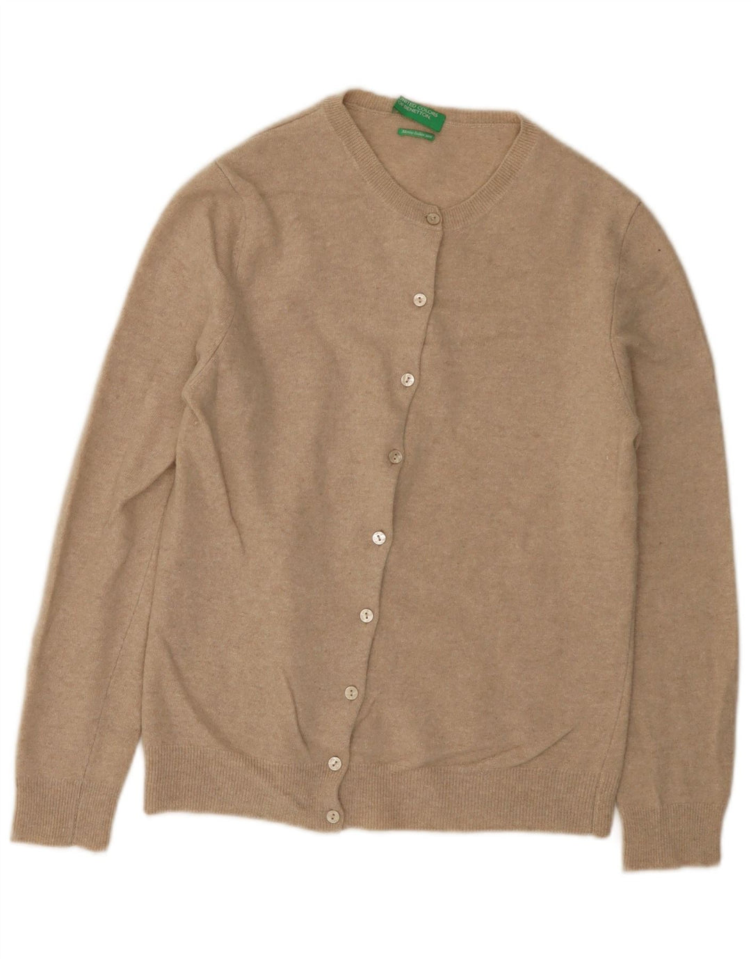 Benetton Damen-Cardigan-Pullover UK 12 Mittelbeige Schurwolle