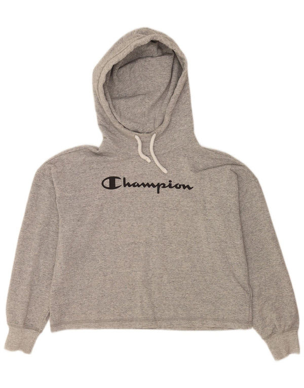 Champion Womens Crop Graphic Hoodie Jumper UK 14 Medium Grey Flecked Cotton