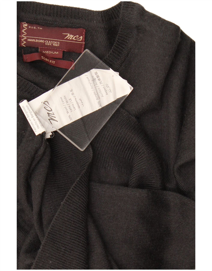 Marlboro Classics Slim Fit Herrenpullover mit V-Ausschnitt aus mittelschwarzer Wolle
