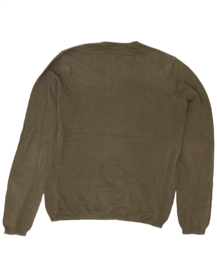 ZARA Herren-Pullover mit grafischem Rundhalsausschnitt, mittlere Khaki-Baumwolle