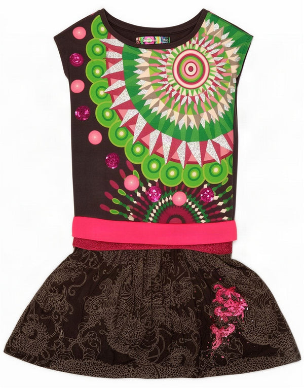 Desigual Mädchen-Kleid mit grafischer Drop-Taille, 9–10 Jahre, graue Paisley-Viskose