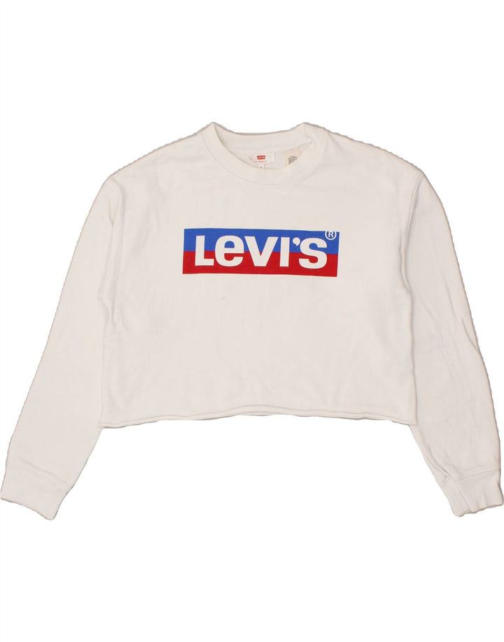 LEVI'S Womens Oversized Crop Graphic Sweatshirt Jumper UK 6 XS White Vintage Levi's and Second-Hand Levi's from Messina Hembry 