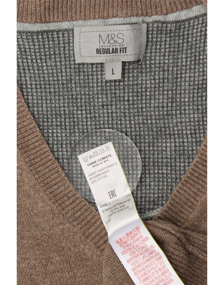 Marks & SPENCER Herren-Pullover mit normaler Passform, V-Ausschnitt, groß, braune Baumwolle