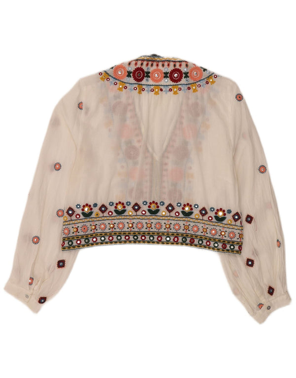 Zara Damen Crop See Through Bluse Top UK 14 Mittelweiß geblümt