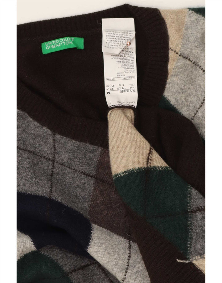 Benetton Herren-Pullover mit V-Ausschnitt, mittelbraune Argyle-/Diamond-Wolle