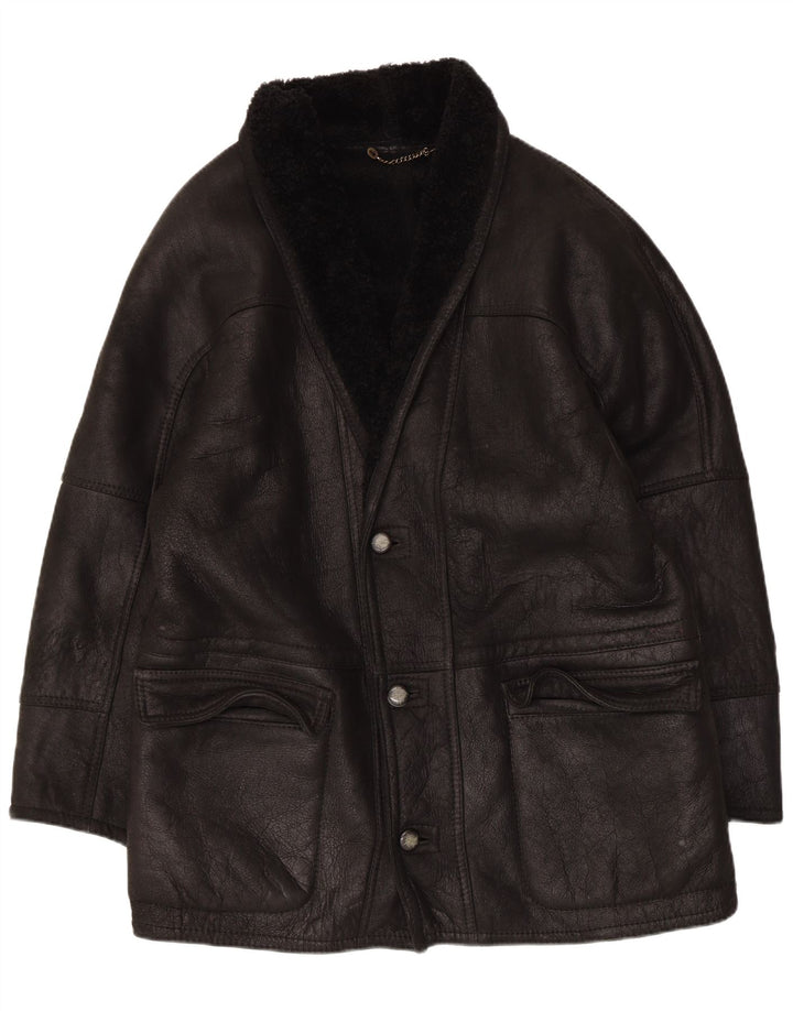 Vintage Herren Shearling Jacke IT 50 Großes schwarzes Leder