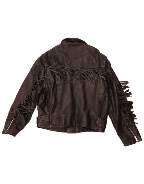 VINTAGE Damen Leder Bikerjacke UK 14 Mittelschwarzes Leder