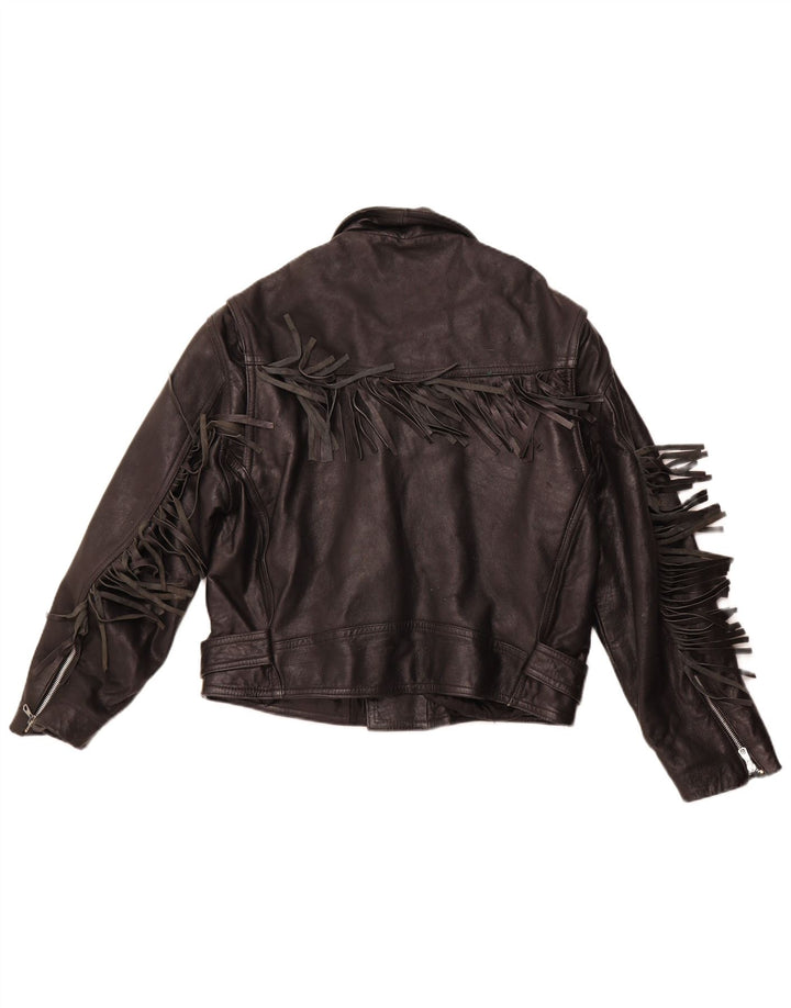 VINTAGE Damen Leder Bikerjacke UK 14 Mittelschwarzes Leder