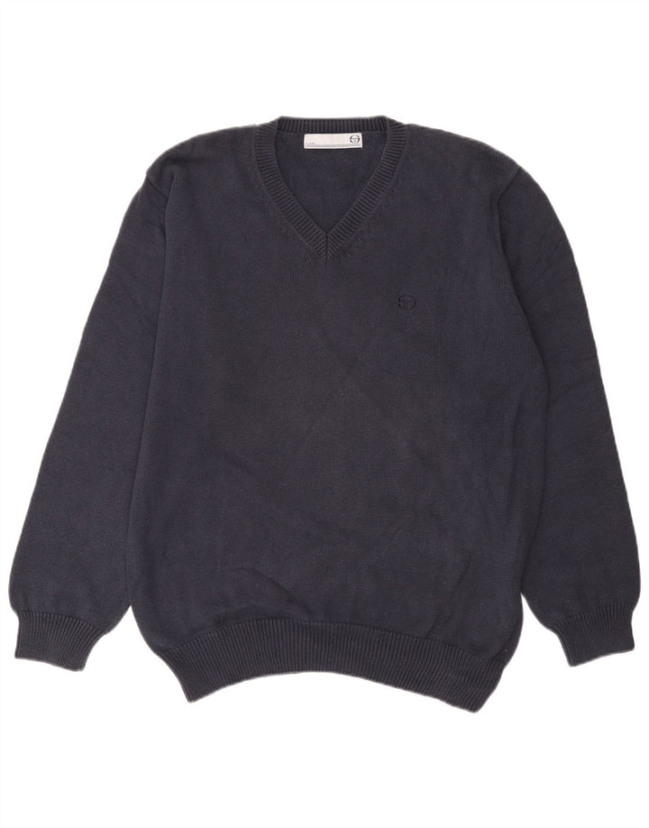 Sergio Tacchini Herren-Pullover mit V-Ausschnitt, groß, marineblaue Baumwolle