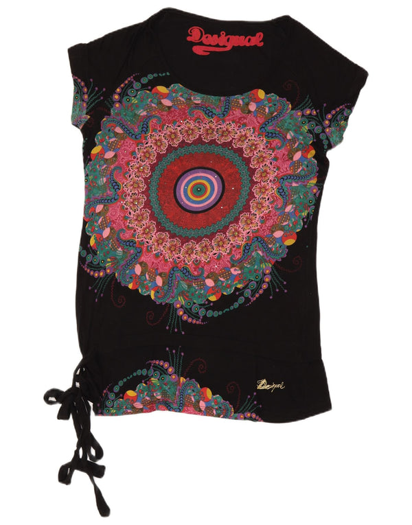 Desigual Damen Grafik-T-Shirt-Oberteil UK 14 Großes schwarzes Blumenmuster