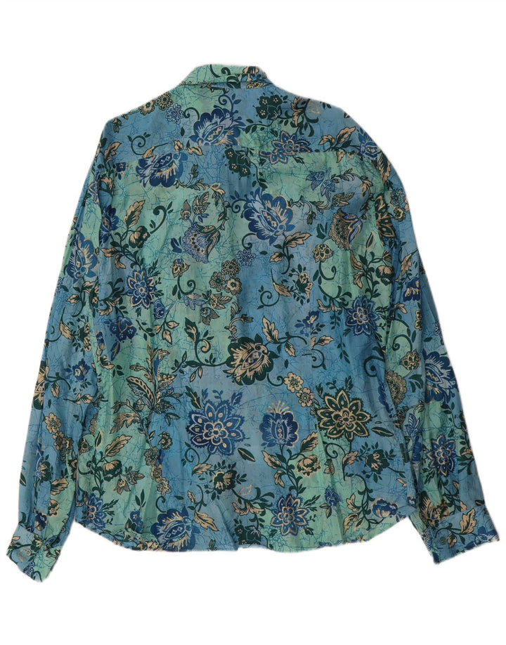 Vintage Herrenhemd 2XL Blau geblümte Seide
