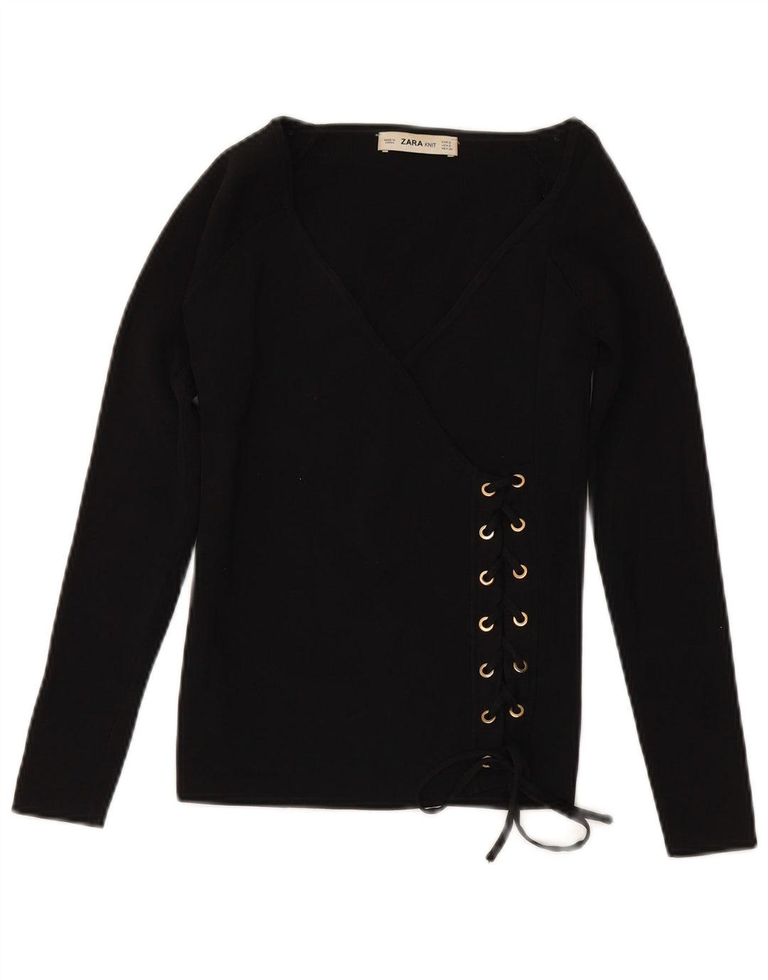 ZARA Damen-Pullover mit 3/4-Ärmeln und V-Ausschnitt, Gr. 10, Größe S, schwarze Viskose