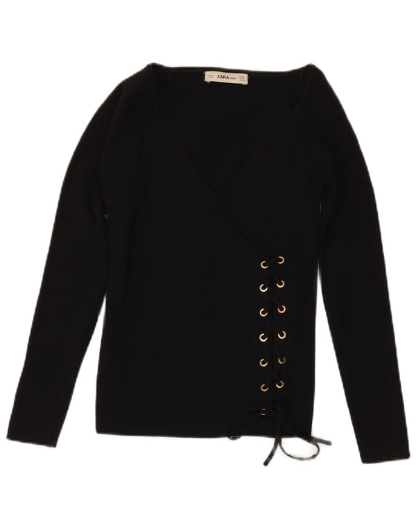 ZARA Damen-Pullover mit 3/4-Ärmeln und V-Ausschnitt, Gr. 10, Größe S, schwarze Viskose