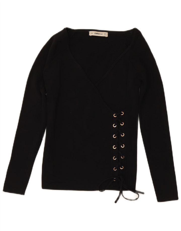 ZARA Damen-Pullover mit 3/4-Ärmeln und V-Ausschnitt, Gr. 10, Größe S, schwarze Viskose