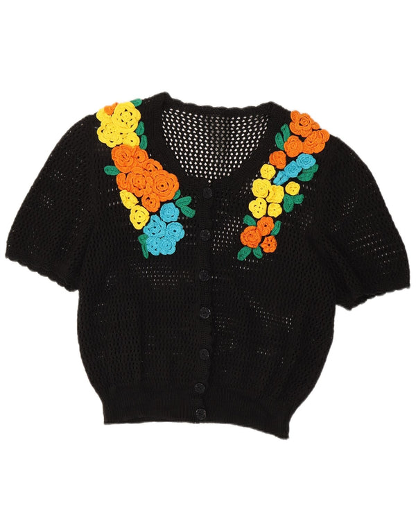 Vintage Damen Kurzarm-Cardigan-Pullover UK 14 Mittelschwarz geblümt